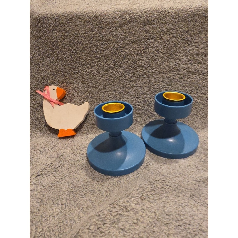 Plastic 3" Candle Holders Blue‎ And Small Wooden Goose